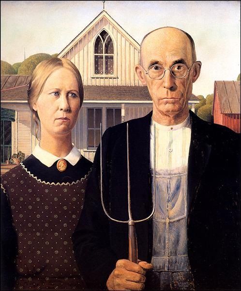 a painting of an old man and woman holding a large spatula in front of a house