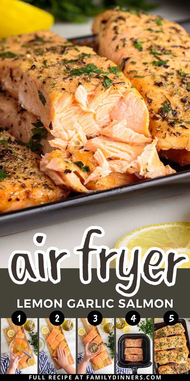 the cover of air fryer lemon garlic salmon recipe is shown in this magazine advertisement