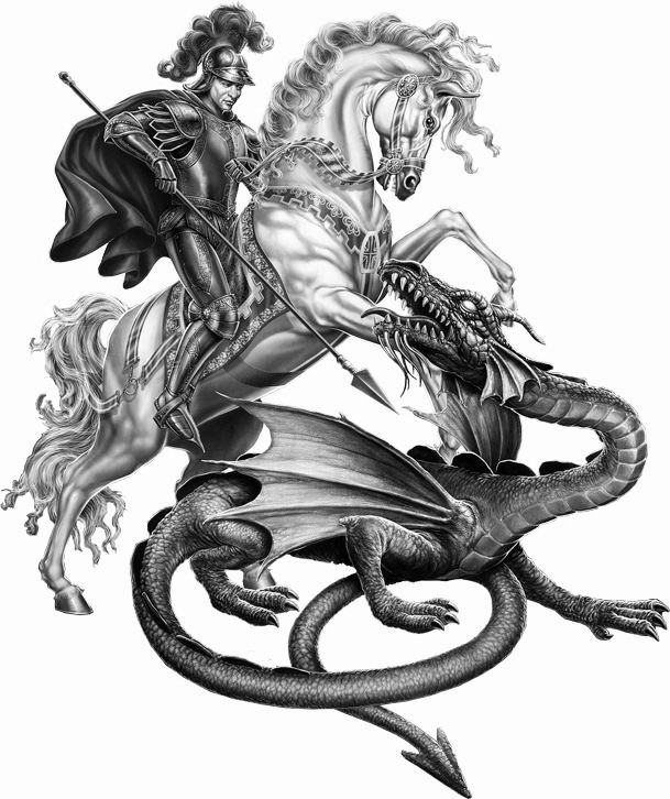 a black and white drawing of a knight riding on a horse next to a dragon