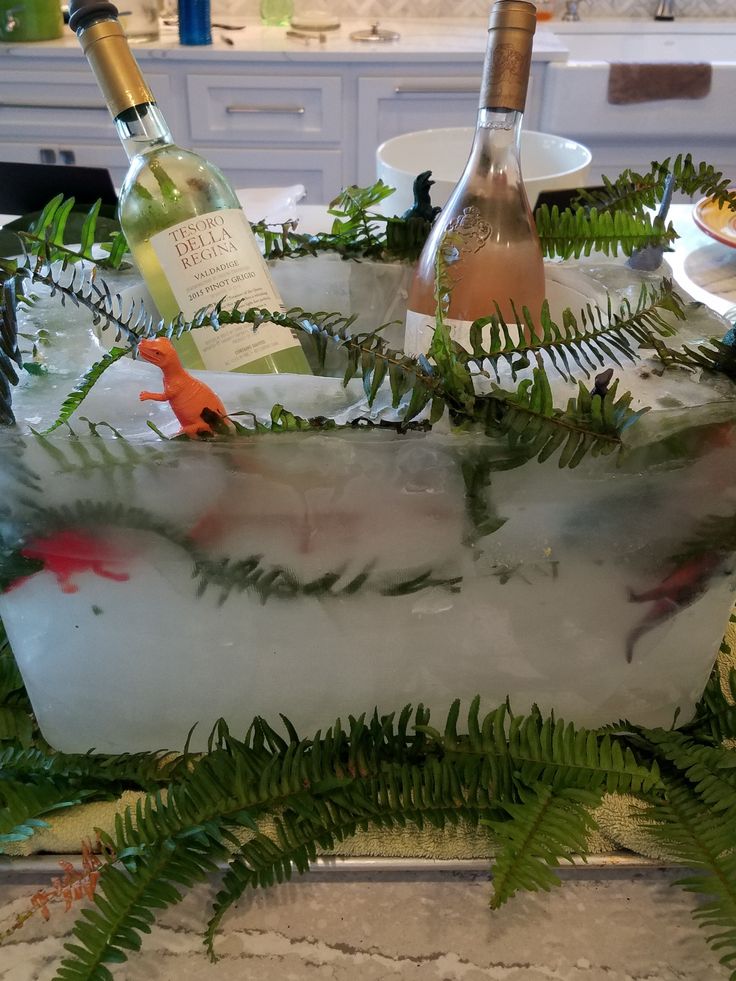 several bottles of wine sitting on top of an ice block filled with plants and rocks