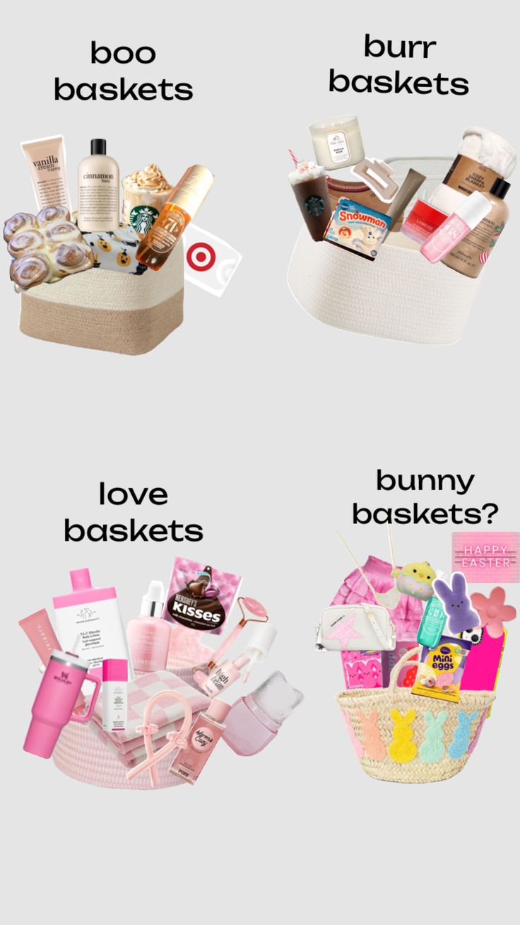 three baskets with different types of items in them and the words, what's your basket?