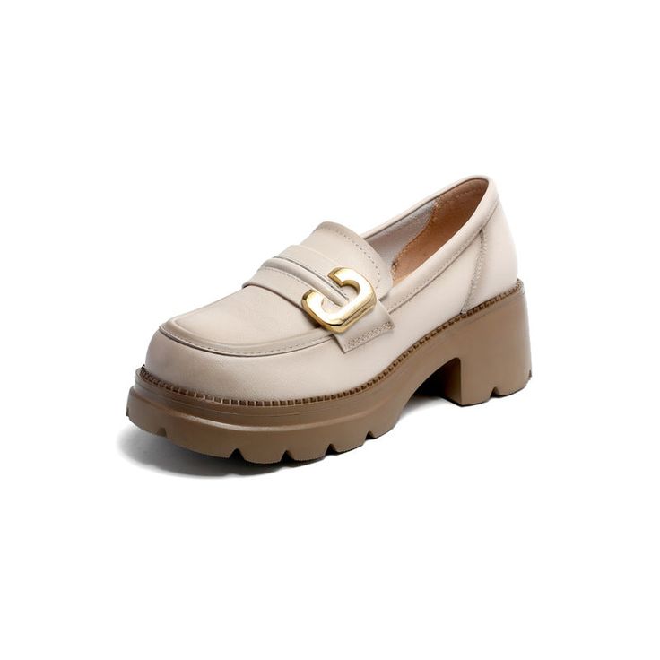 Women Retro Leather Chunky Lug Sole Loafers-RAIIFY Leather Chunky Platform Slip-on Loafers, Trendy Beige Leather Platform Loafers, Beige Slip-on Moccasins With Round Toe, Beige Moccasins With Leather Footbed, Trendy Chunky Platform Loafers With Round Toe, Beige Closed Toe Loafers For Fall, Beige Flat Moccasins For Fall, Leather Platform Loafers With Chunky Platform, Trendy Slip-on Platform Loafers With Metal Feet