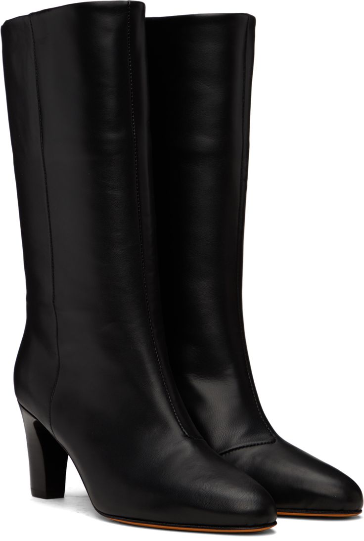 Mid-calf paneled buffed calfskin boots in black. · Stacked kitten heel with rubber injection · Leather sole · Heel: H2.75 in Supplier color: Black Heel Boots For Women, Kitten Heel Boots, Maryam Nassir Zadeh, Kitten Heel, Tall Boots, Black Heels, Mid Calf, Calf Skin, Kitten Heels