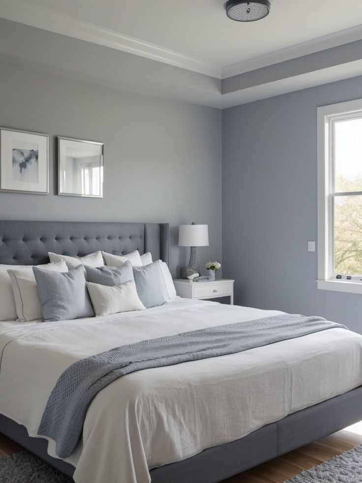 a bedroom with gray walls and white bedding