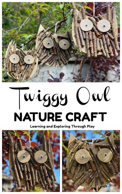 an image of nature crafts made out of twigs and wood slices with text overlay that reads,'tuggy owl nature craft learning and exploring through play