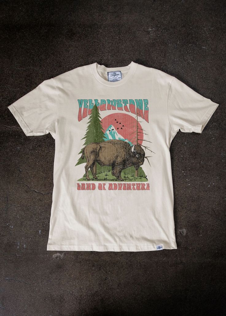 Yellowstone Men's Antique White T-Shirt — Kid Dangerous White Screen Print Adventure T-shirt, White Screen Print T-shirt For Adventure, White Summer T-shirt For Adventure, White Casual Shirt For Adventure, White Graphic Tee For Outdoor Activities, White Short Sleeve Adventure Shirt, White Short Sleeve Shirt For Adventure, Zig Zag Stitch, Antique White