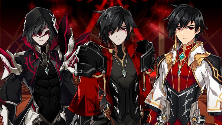 three anime characters standing next to each other in front of a black background with red lights