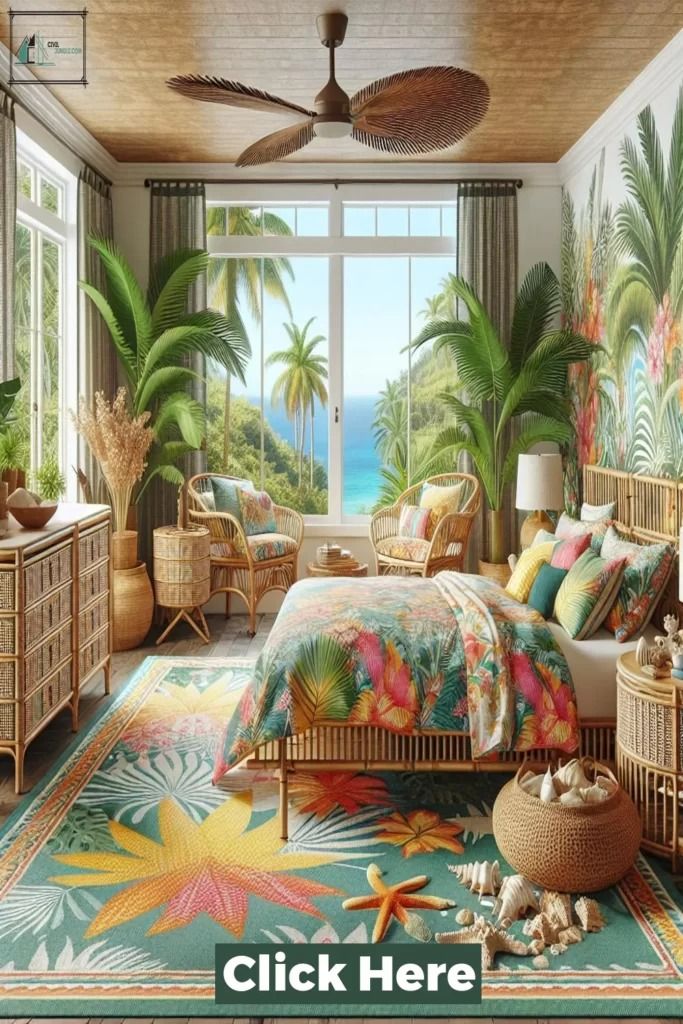 the bedroom is decorated in tropical colors