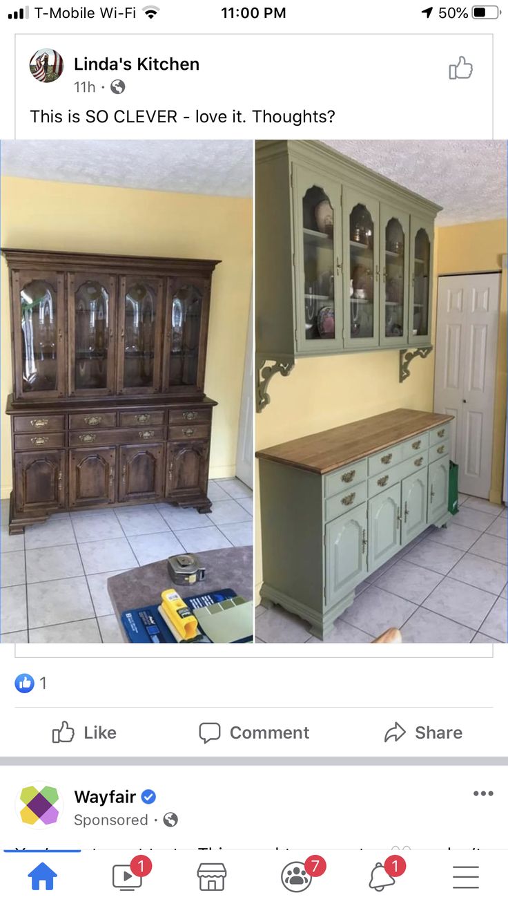 an old dresser has been transformed into a dining room hutch