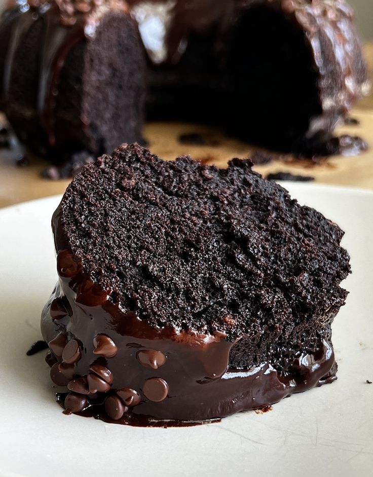 a piece of chocolate cake on a white plate