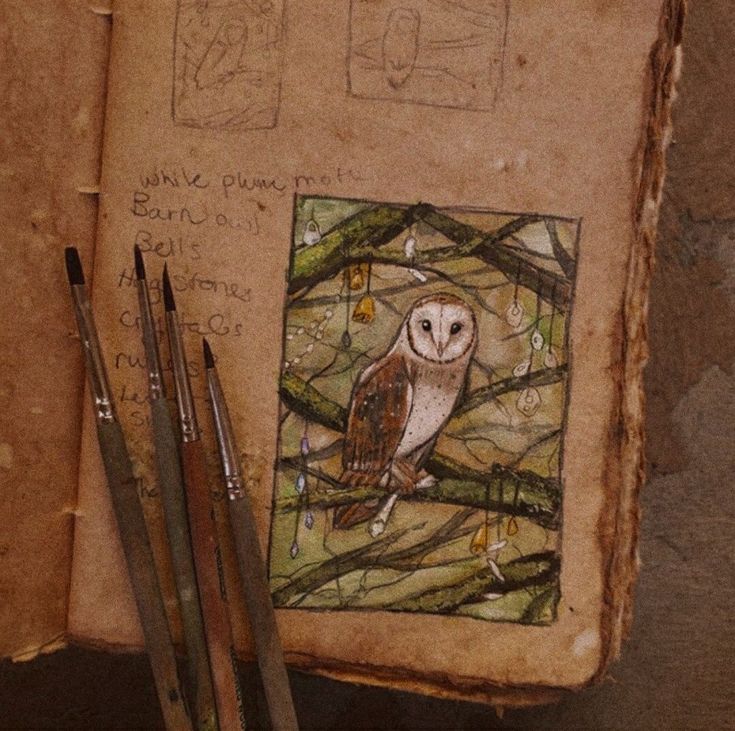 an old book with some drawings on it next to paintbrushes and other art supplies