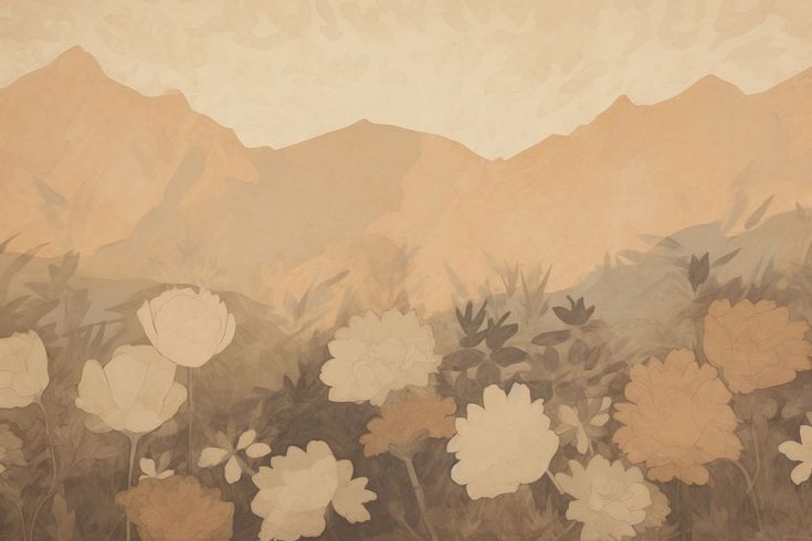 an abstract painting of flowers in front of mountains