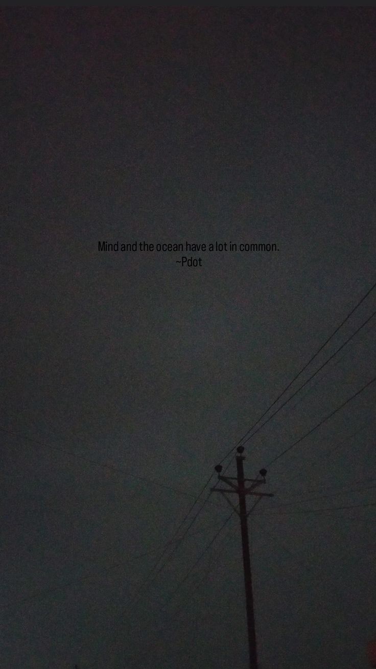 the sky is very dark with power lines and telephone poles in front of it that reads,'mind and the ocean have all in common place - plot