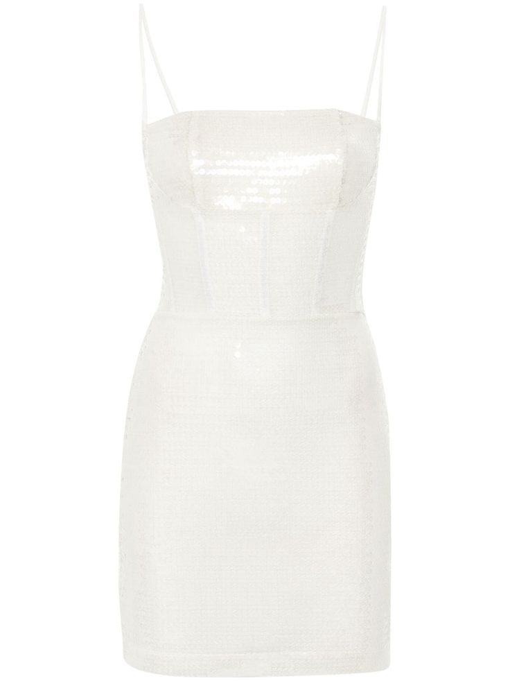 white sheer sequin embellishment square neck concealed rear zip fastening adjustable spaghetti straps boned bodice fitted waistline bodycon design straight hem thigh-length mesh lining White Glitter Dress Short, White Sequin Dress Short, Short Png, White Glitter Dress, Glitter Dress Short, Bodycon Design, Sequin Dress Short, Tulle Mini Dress, Boned Corsets