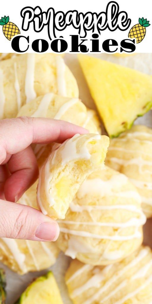 pineapple cookies with white icing are stacked on top of each other and the words pineapple cookies above them