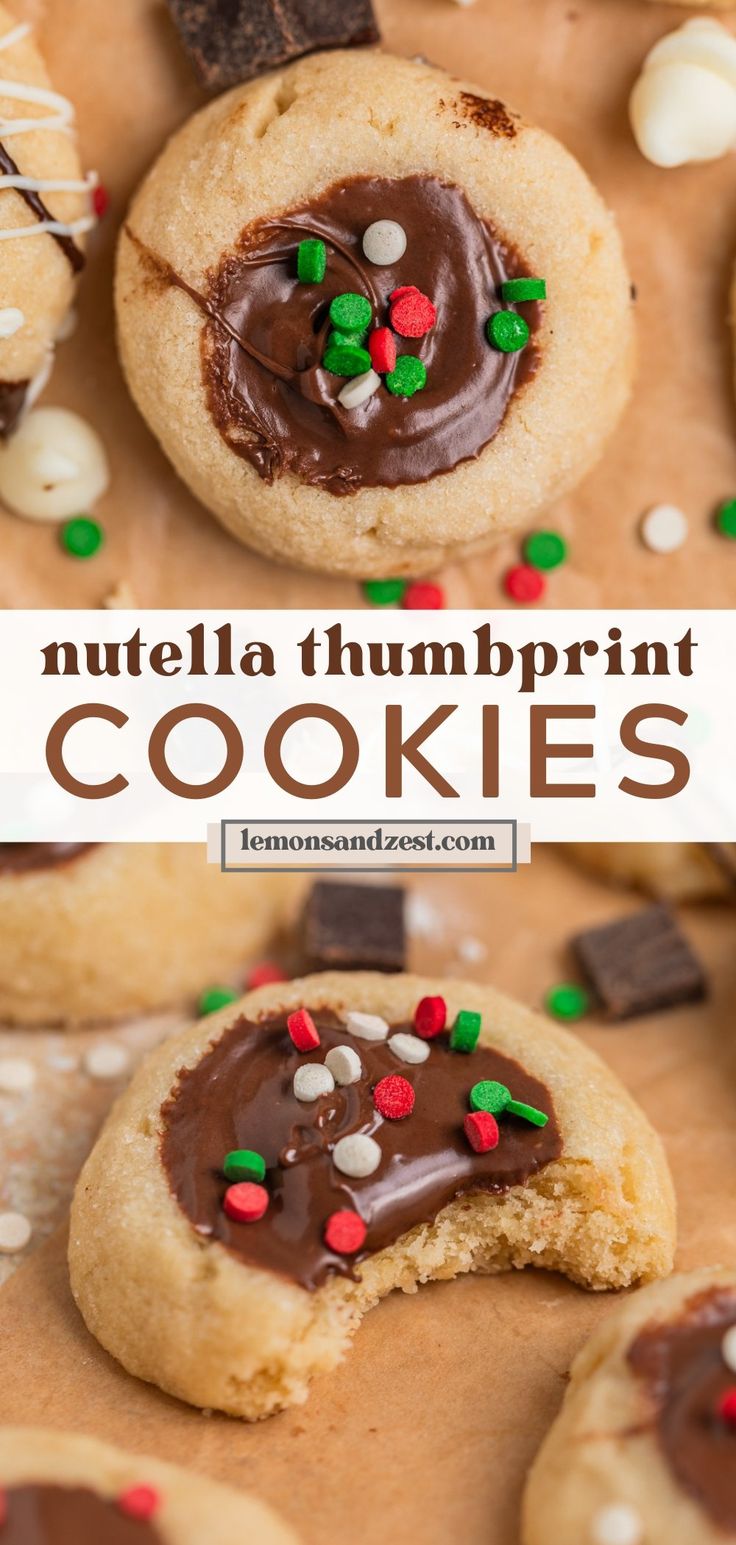 nutella thumbprint cookies with chocolate frosting and sprinkles on top