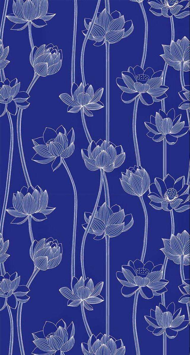 a blue and white floral pattern with water lillies on a dark blue back ground