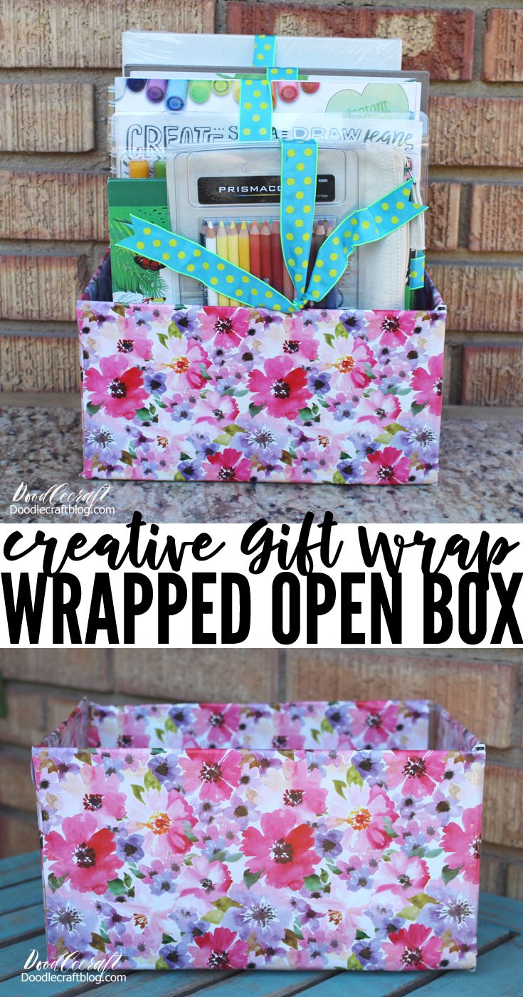 an open box with flowers on it and the words creative gift wrap wrapped in paper