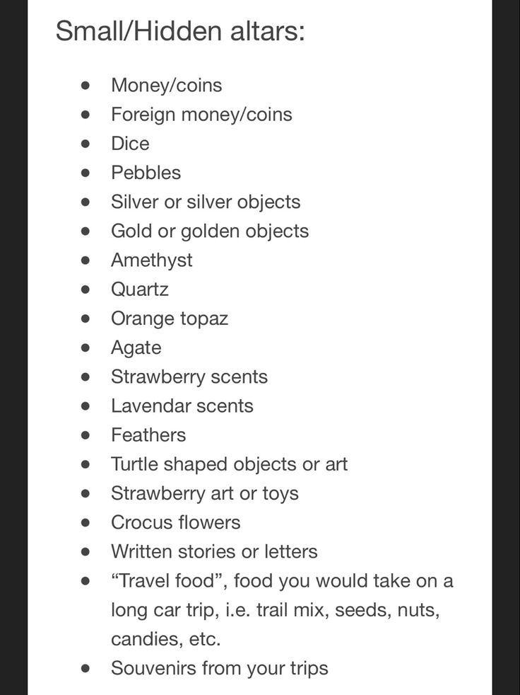 an image of a list with words and pictures on the bottom right hand corner that says, small / hidden altars