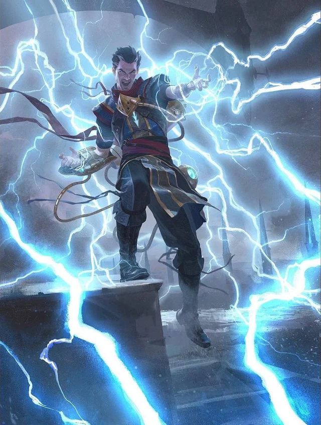 a man standing on top of a pedestal surrounded by lightning