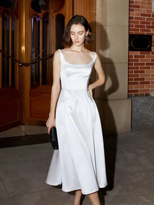 Deep Square Neck Mermaid Dress | W Concept Square Neck White Dress, Square Neck Gown, Mid Length Wedding Dress, White Grad Dress, Long Shift Dress, Square Neck Wedding Dress, Square Neckline Dress, Knee Length Wedding Dress, Wedding Dress With Veil