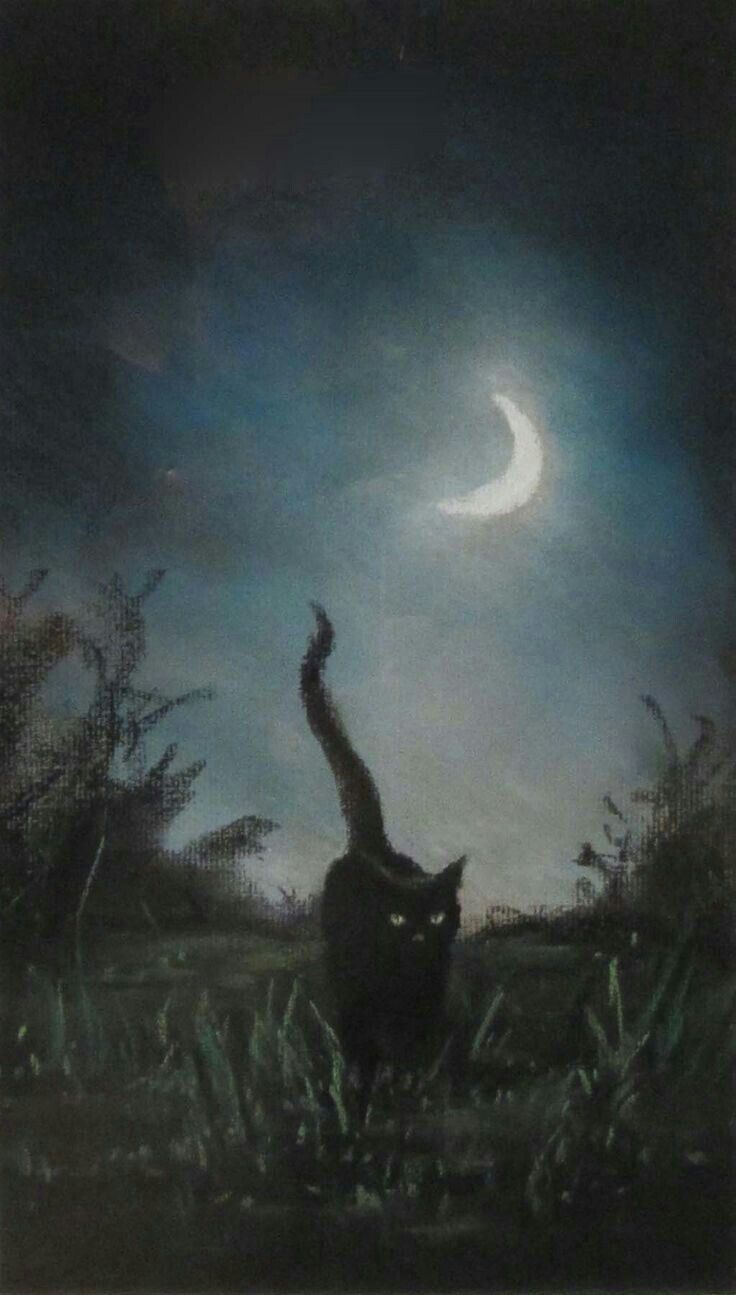 a painting of a cat reaching up at the moon