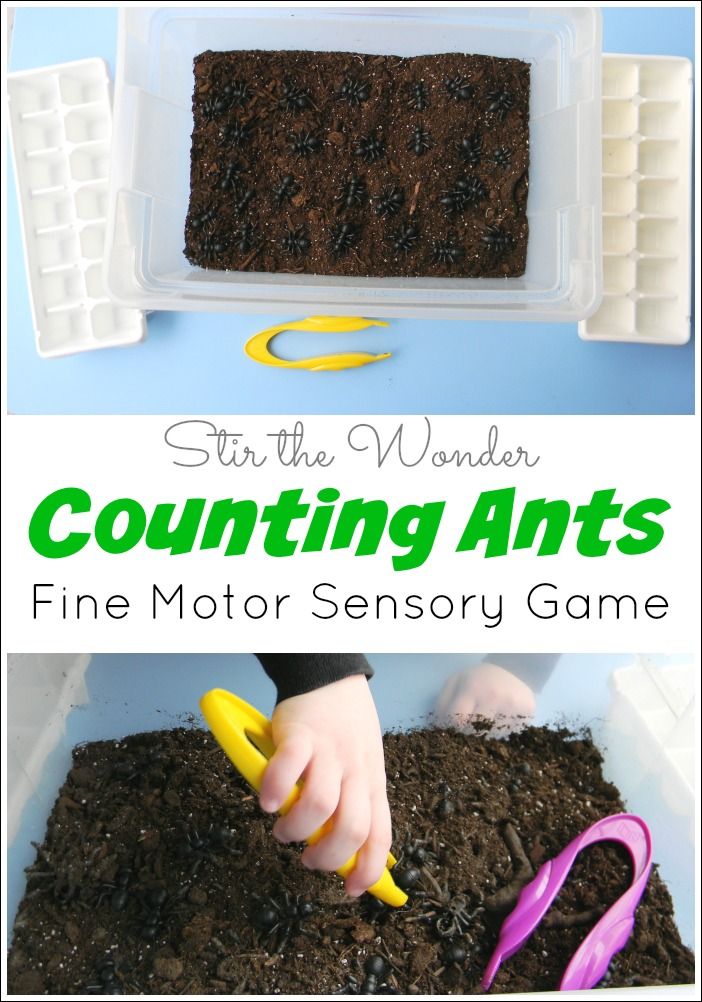 a child is playing with dirt and scissors in a container that says, counting ants fine motor sensory game