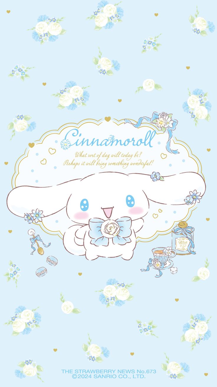 a blue background with white flowers and an image of a bunny holding a baby carriage