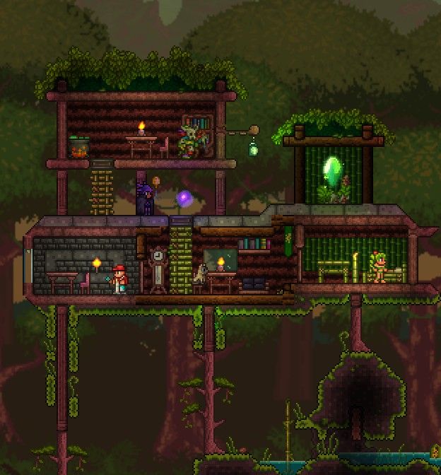 Desert Npc House Terraria, Terraria Painter House, Jungle Pylon Terraria, Terraria Jungle Base, Terraria Dryad House, Npc Houses Terraria, Terraria Herb Farm, Terraria Biome House, Terraria Jungle House Ideas