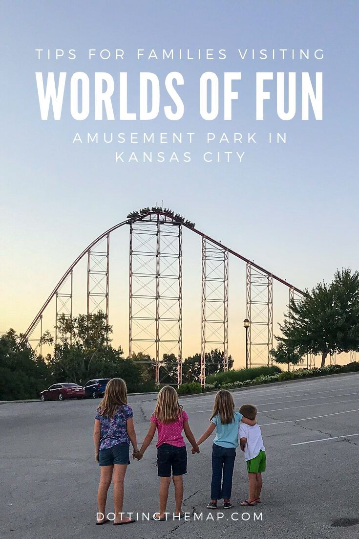 three children holding hands with the words tips for families visiting world's of fun amusement park in kansas city