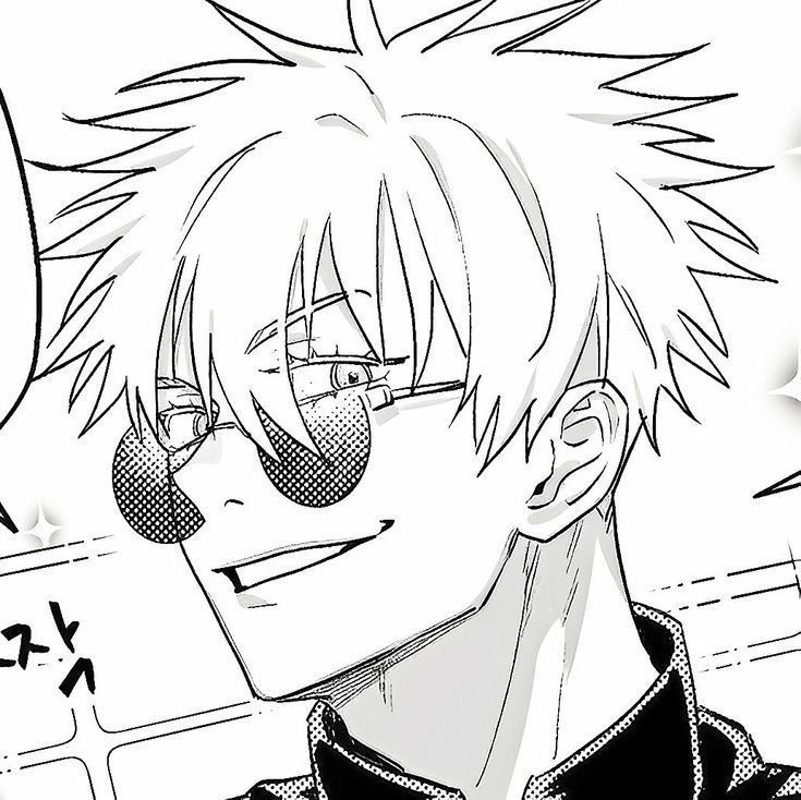 an anime character with short hair and glasses looking to his left, in black and white