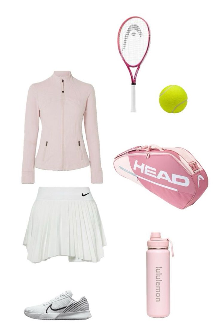 Aesthetic tennis outfit,clean girl outfit, with pink lululemon jacket, pink water bottle, white skirt, pink tennis bag and Nike shoes Tennis Girl Outfit, Cute Tennis Outfit, Aesthetic Tennis, Tennis Dress Outfit, Mode Tennis, Pink Tennis Skirt, Tennis Lifestyle, Tennis Outfit Aesthetic, Pink Color Palette