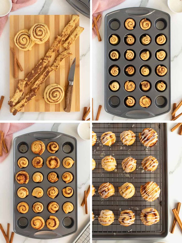 the process of making cinnamon buns is shown in four different stages, including baking