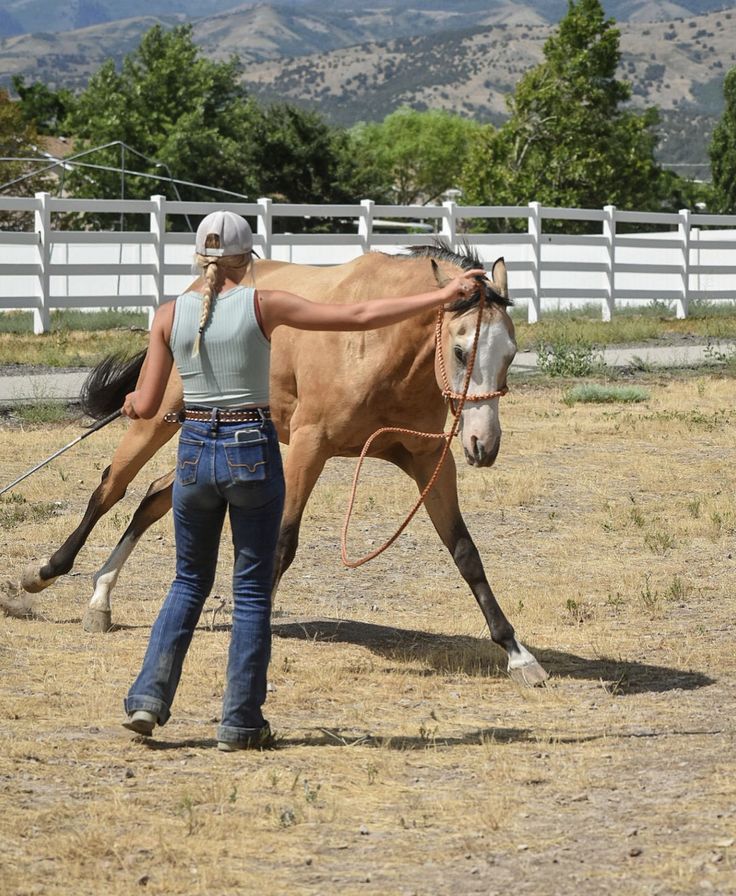 a woman leading a brown horse across a field