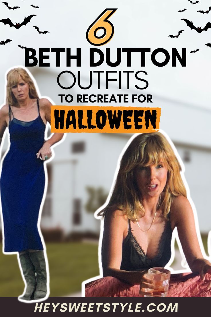 two women dressed in halloween costumes with bats on the background and text that reads 6 beth button outfits to recreae for halloween