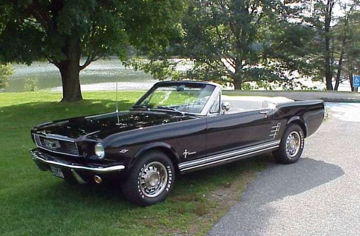 an old black mustang sitting in the grass