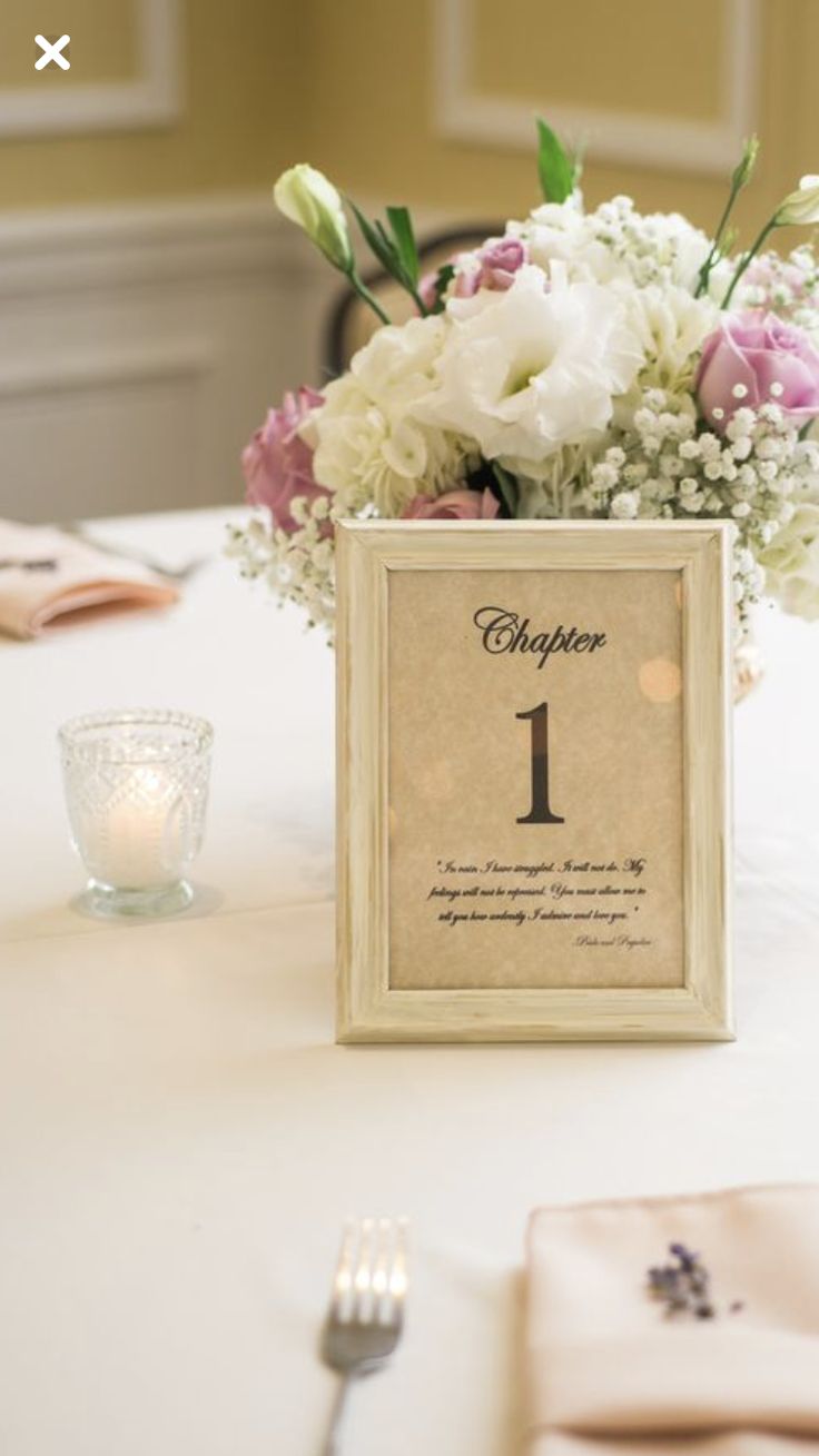 the table is set with flowers and place cards