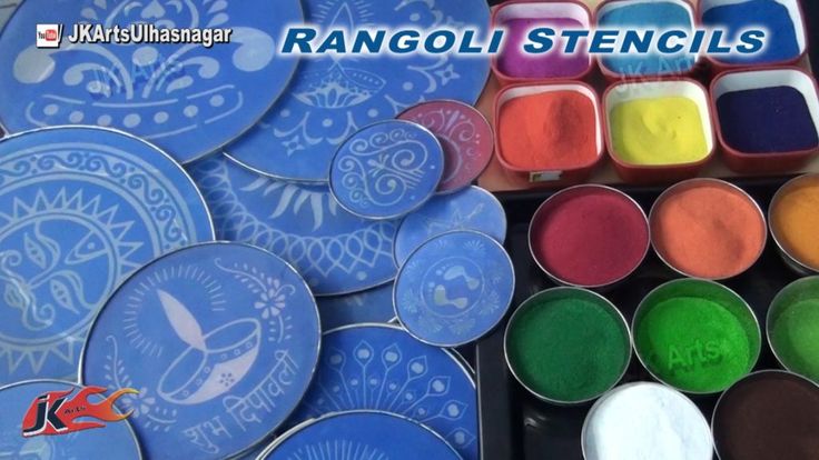 various colors of paint are shown in this image with the words rangoli stencils