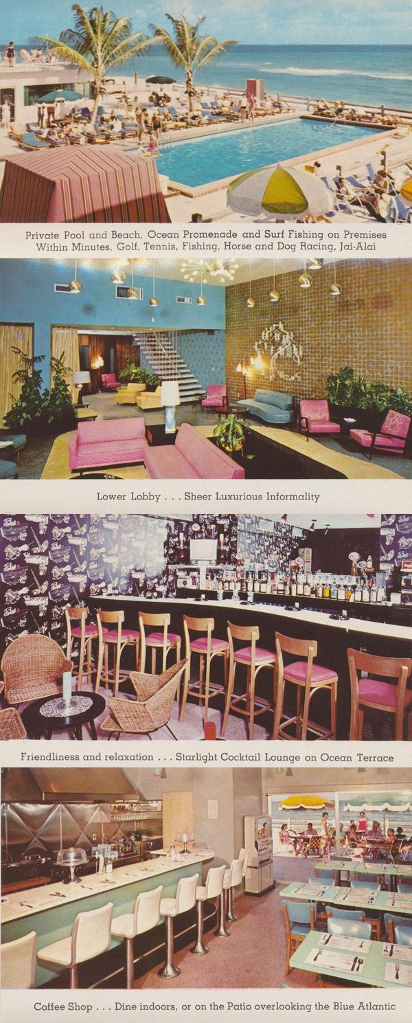 an old advertisement for the beach club in miami, with pictures of tables and chairs