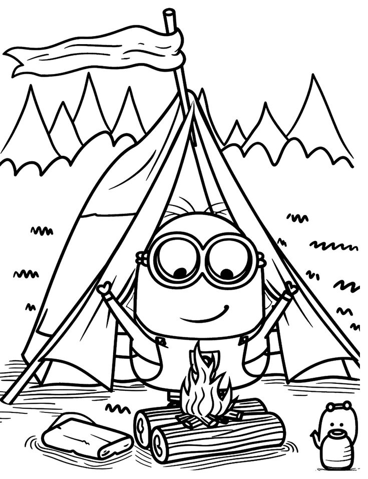 a black and white drawing of a minion camping in front of a campfire