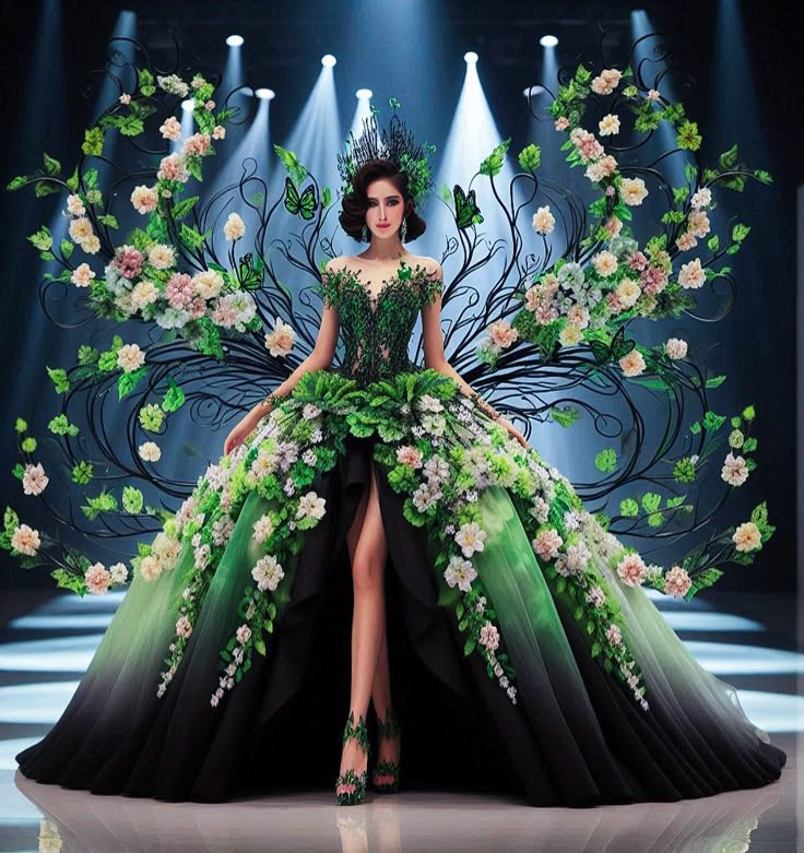 Fairy dress fashion show 👗👠👒👜Made with AI @Copyright by អាណាចក្រសម្រស់ [[ Beauty Empire ]] 🇰🇭  #AIFashion #AIArt #AIDreamImage #ArtMagic  #AIHair #VideoCollectionAI Green Met Gala Looks, Junk Couture, Dress Fashion Show, Pageant Costumes, Carnival Fashion, Flower Costume, Conceptual Fashion, Fashion Design Collection, Fashion Gowns