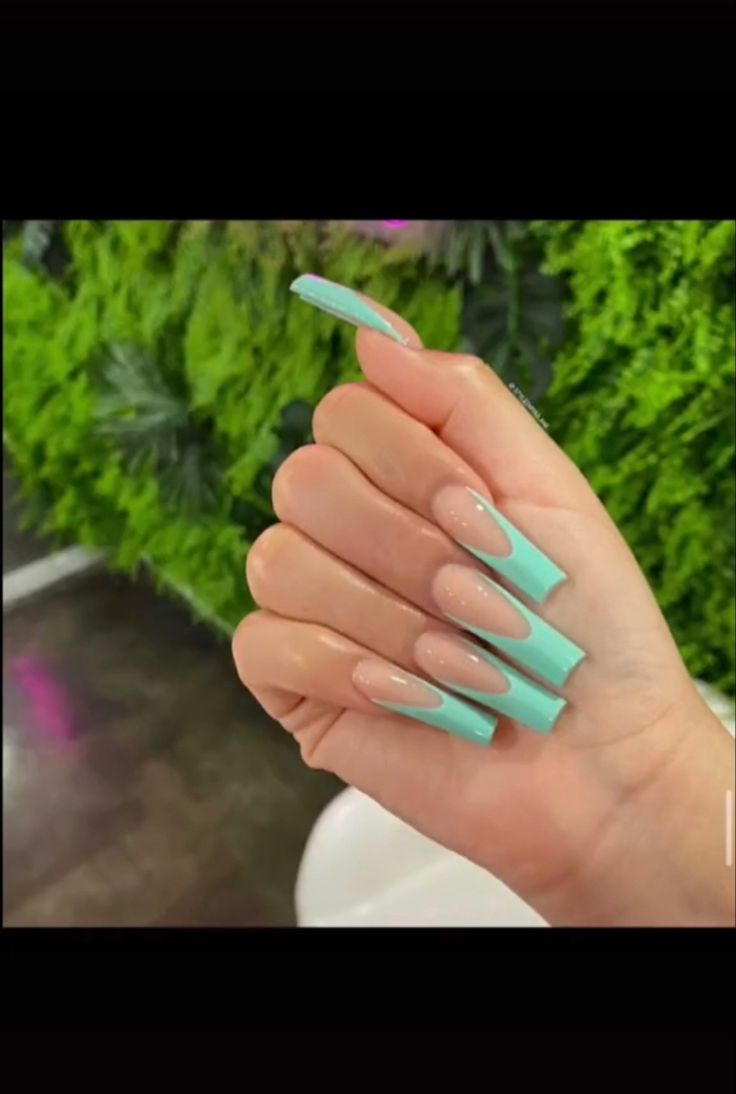 Mint Green Tips Nails, Mint Teal Nails, French Tip Nails Teal, Torquise Nails French Tip, Mint Green Nails French Tip, Aqua Acrylic Nails, Mint Green Nails Acrylic, Teal French Nails, Turquoise Green Nails