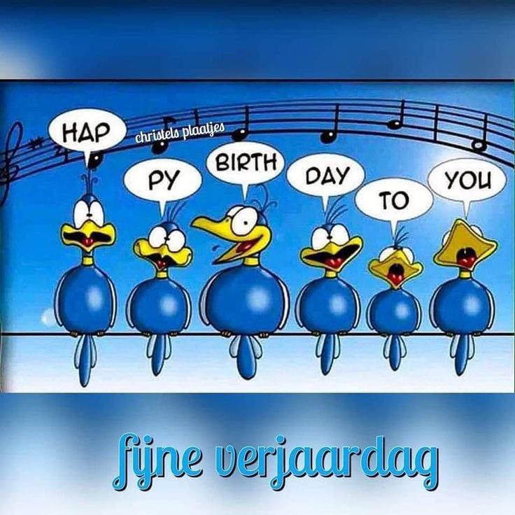 cartoon birds singing with musical notes and saying happy birthday