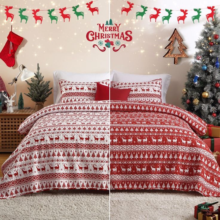 two christmas themed bedspreads with red and white bedding