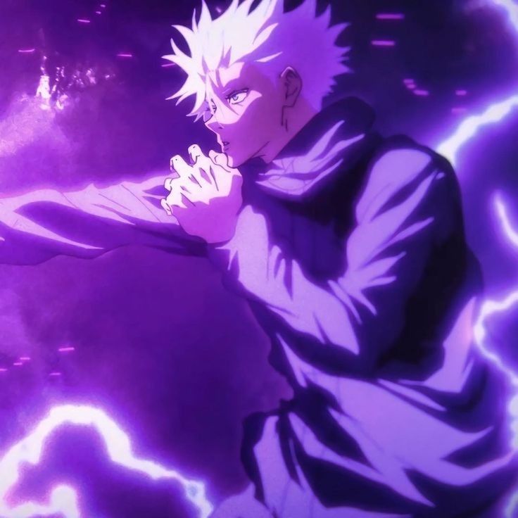 an anime character with white hair and black eyes holding his hands out in front of purple lightning