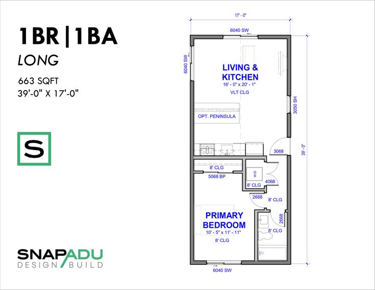 the floor plan for an apartment with one bedroom and living room on each side, along with