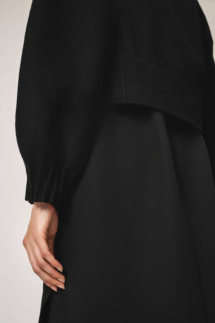 Black Long Sleeve Outerwear With Structured Shoulders, Classic Structured Cropped Jacket For Fall, Elegant Wool Cropped Jacket For Work, Fall Classic Structured Cropped Jacket, Cropped Jacket With Button Cuffs For Fall, Modern Fall Outerwear With Structured Shoulders, Formal Long Sleeve Wool Cropped Jacket, Fall Outerwear With Structured Shoulders, Winter Outerwear With Blouson Long Sleeves