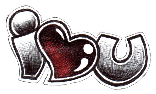 a drawing of the word love with a red heart in it's center and two hearts