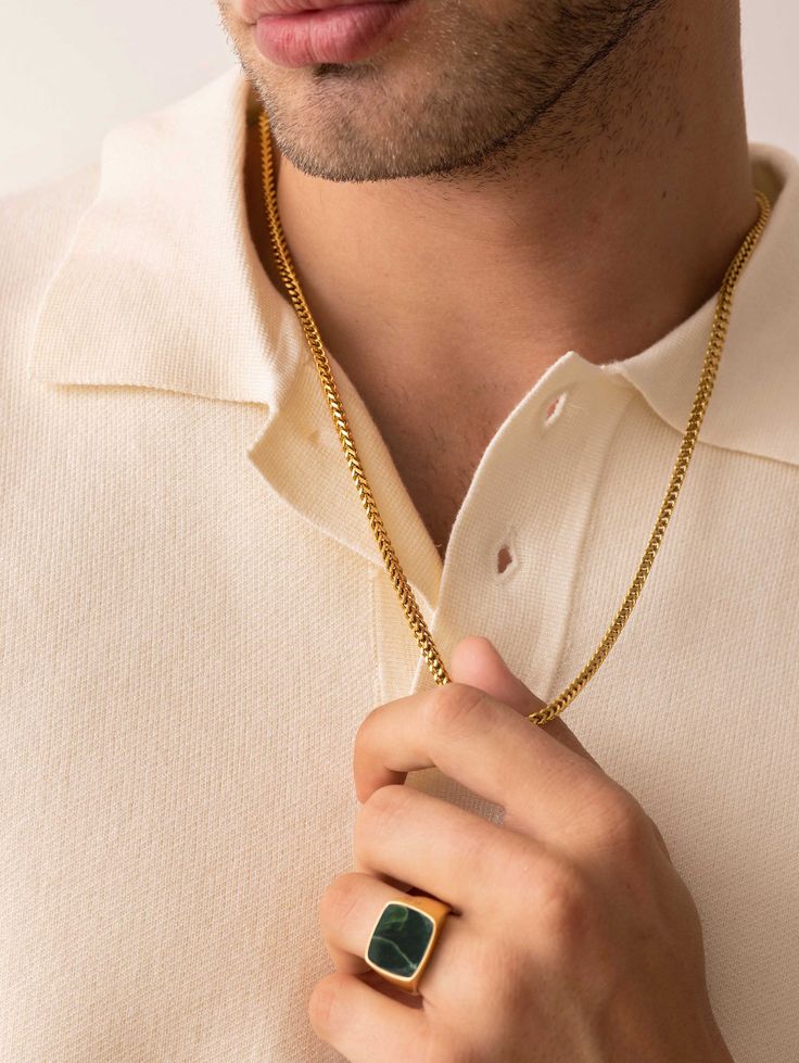 Squared Chain in Stainless Steel with Gold Plating Lobster Clasp Closure Model 1 is wearing 22 inch necklace Product Code: MNEC_050 Designer's Notes A dash of effortless luxury, this chain is crafted from strong stainless steel and plated in lustrous gold. The slightly squared shape of the chain makes it unique and masculine. Wear it daily to elevate casual looks! Mens Jewelry Necklace Gold, Masculine Jewelry, Men's Wedding Outfit, Gold Chain Design, Gold Chains For Men, Mens Jewelry Necklace, Gold Jewelry Necklace, Chains For Men, Wedding Men