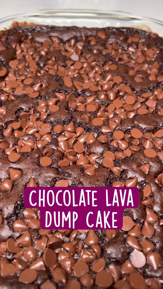 chocolate lava dump cake in a glass baking dish with the words chocolate lava dump cake above it